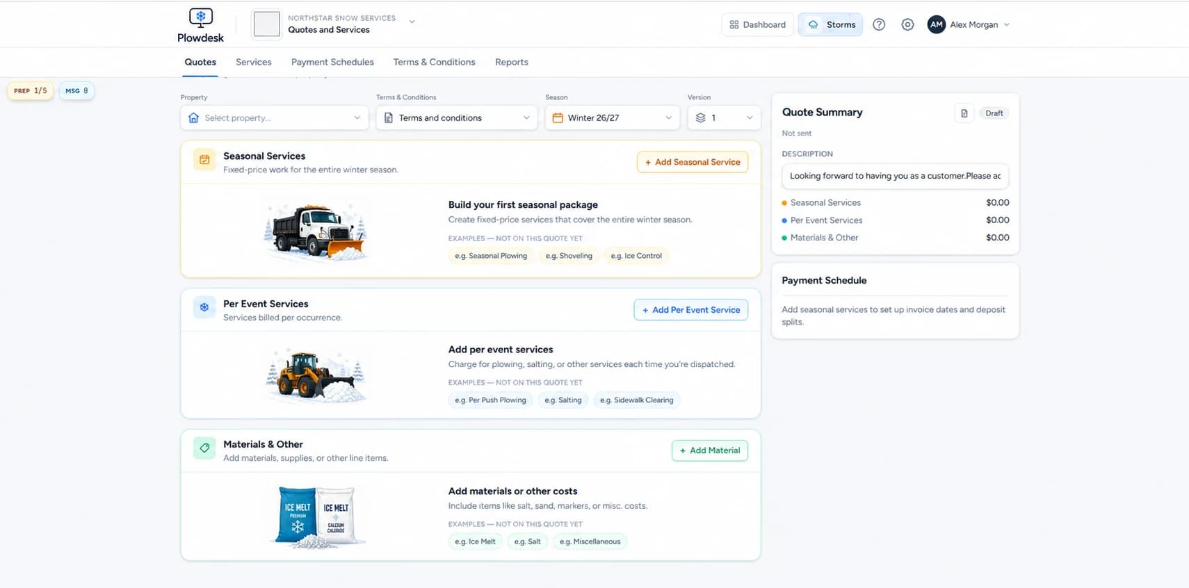 Plowdesk quote builder with seasonal services, per-event services, materials, a quote summary, and a payment schedule