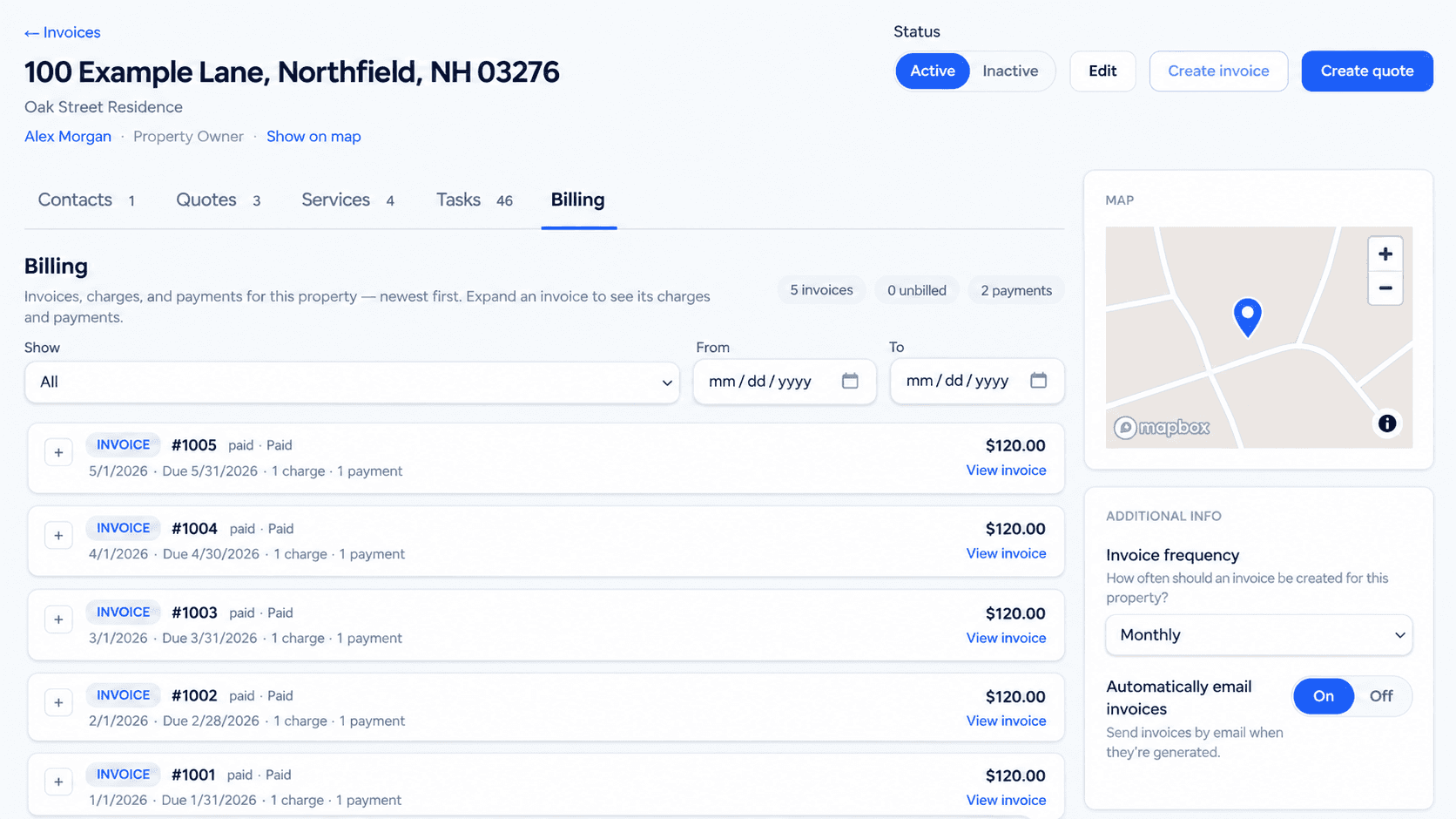 Anonymized illustrative Plowdesk property billing screen showing invoices, payment history, monthly invoice frequency, and automatic email settings