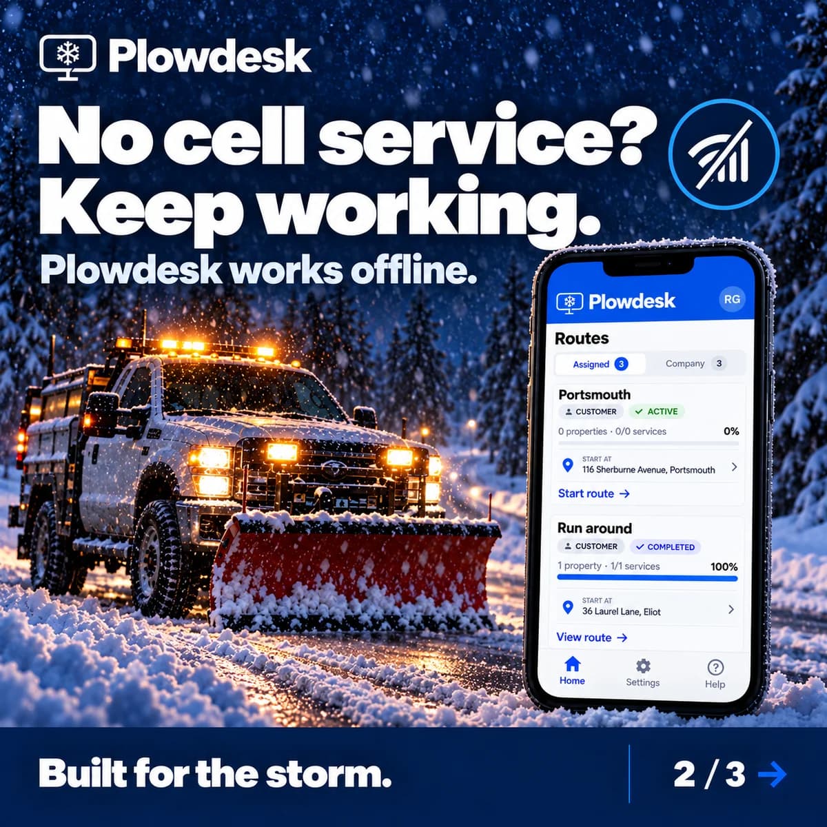 Plowdesk offline campaign: a parked plow on a snowy remote road beside a mobile route screen.