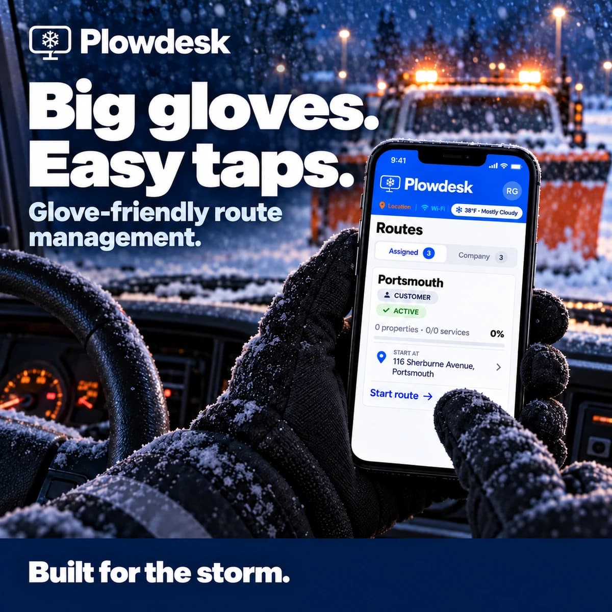 A gloved operator using Plowdesk in a parked snow plow truck