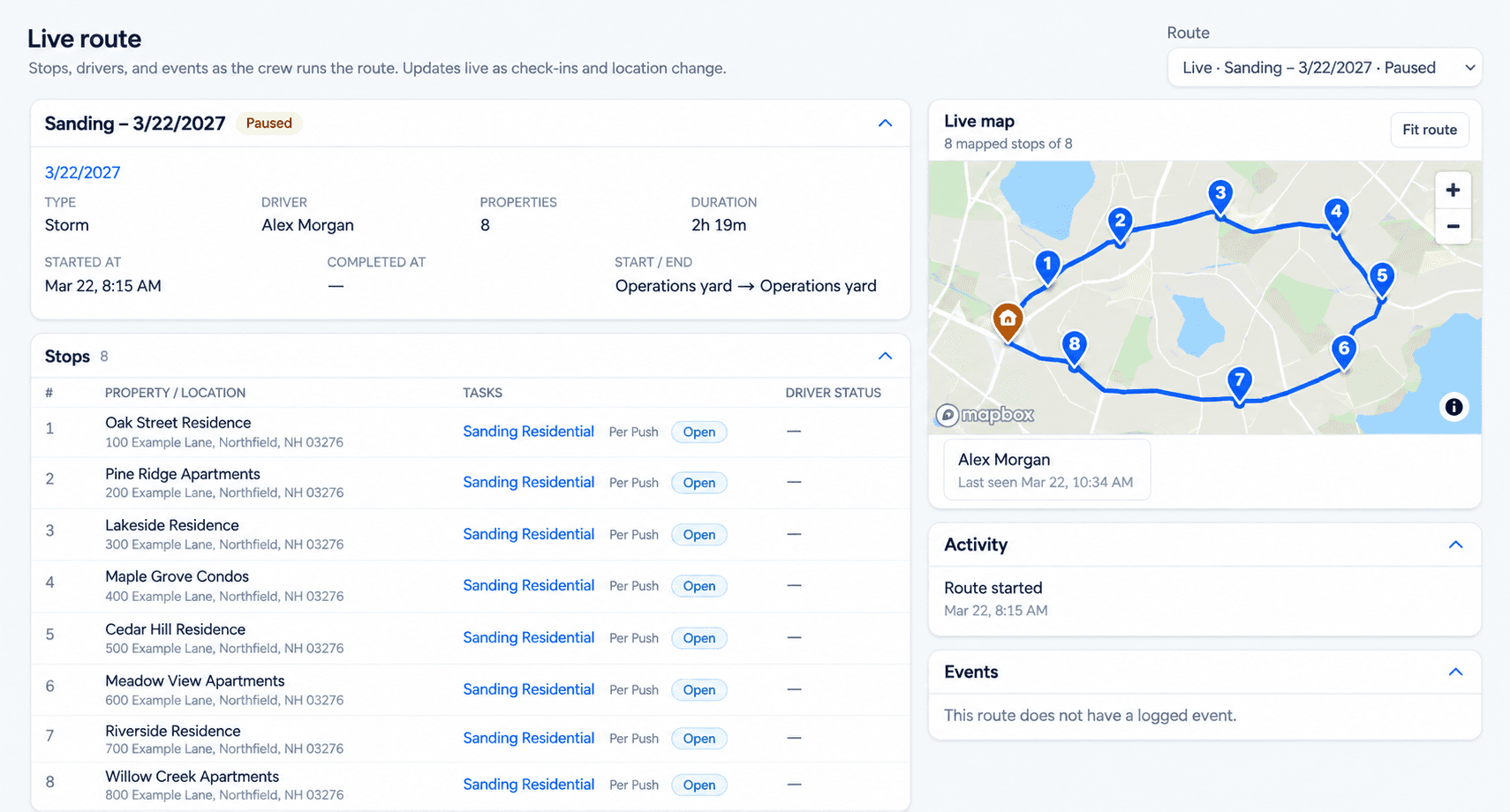 Anonymized illustrative Plowdesk route record showing property stops, driver activity, and a route map